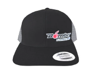 FLAT BILL BLACK & WHITE SNAPBACK TRUCKER HAT WITH BOMBER LOGO 2
