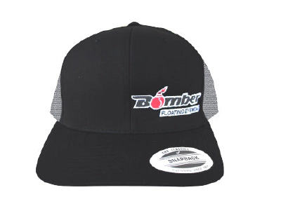 FLAT BILL BLACK & WHITE SNAPBACK TRUCKER HAT WITH BOMBER LOGO 2
