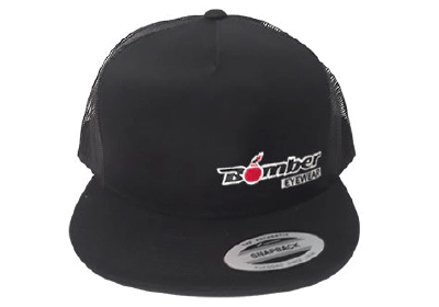 FLAT BILL BLACK SNAPBACK TRUCKER HAT WITH BOMBER LOGO 2
