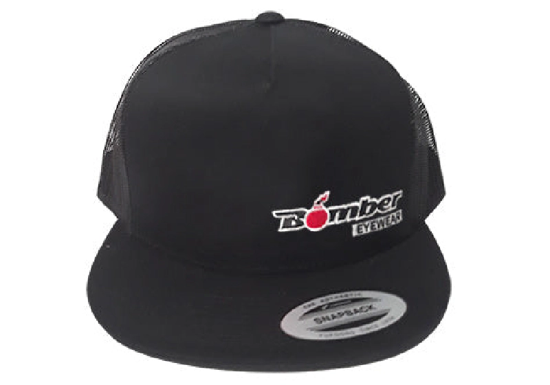 FLAT BILL BLACK SNAPBACK TRUCKER HAT WITH BOMBER LOGO 2