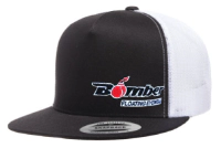 FLAT BILL BLACK & WHITE SNAPBACK TRUCKER HAT WITH BOMBER LOGO 1