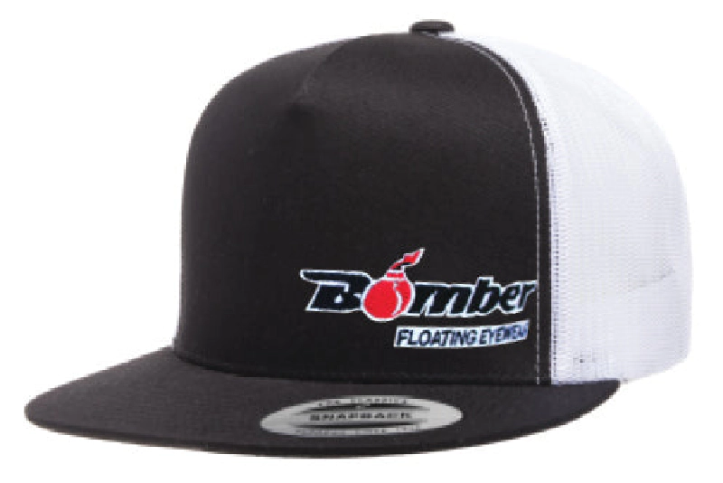 FLAT BILL BLACK & WHITE SNAPBACK TRUCKER HAT WITH BOMBER LOGO 1