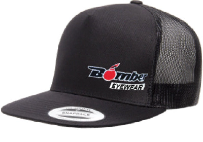 FLAT BILL BLACK SNAPBACK TRUCKER HAT WITH BOMBER LOGO 1