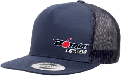 FLAT BILL NAVY SNAPBACK TRUCKER HAT WITH BOMBER LOGO 1