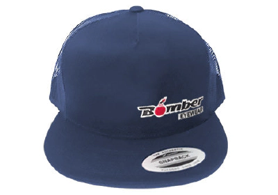 FLAT BILL NAVY SNAPBACK TRUCKER HAT WITH BOMBER LOGO 2