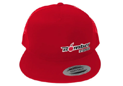 FLAT BILL RED SNAPBACK TRUCKER HAT WITH BOMBER LOGO 2