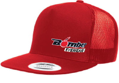 FLAT BILL RED SNAPBACK TRUCKER HAT WITH BOMBER LOGO 1