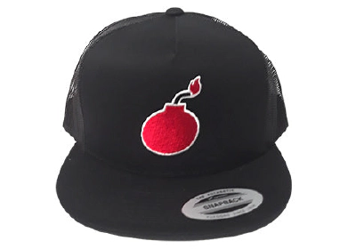 FLAT BILL BLACK SNAPBACK TRUCKER HAT WITH BOMB LOGO 2
