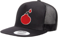 FLAT BILL BLACK SNAPBACK TRUCKER HAT WITH BOMB LOGO 1