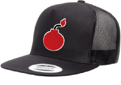 FLAT BILL BLACK SNAPBACK TRUCKER HAT WITH BOMB LOGO 1