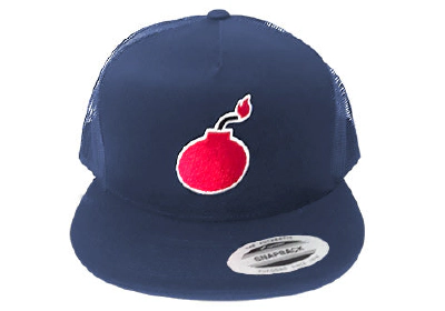 FLAT BILL NAVY SNAPBACK TRUCKER HAT WITH BOMB LOGO 2