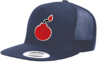 FLAT BILL NAVY SNAPBACK TRUCKER HAT WITH BOMB LOGO 1