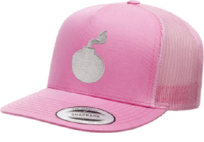 FLAT BILL PINK SNAPBACK TRUCKER HAT WITH BOMB LOGO 1