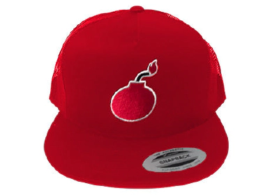 FLAT BILL RED SNAPBACK TRUCKER HAT WITH BOMB LOGO 2