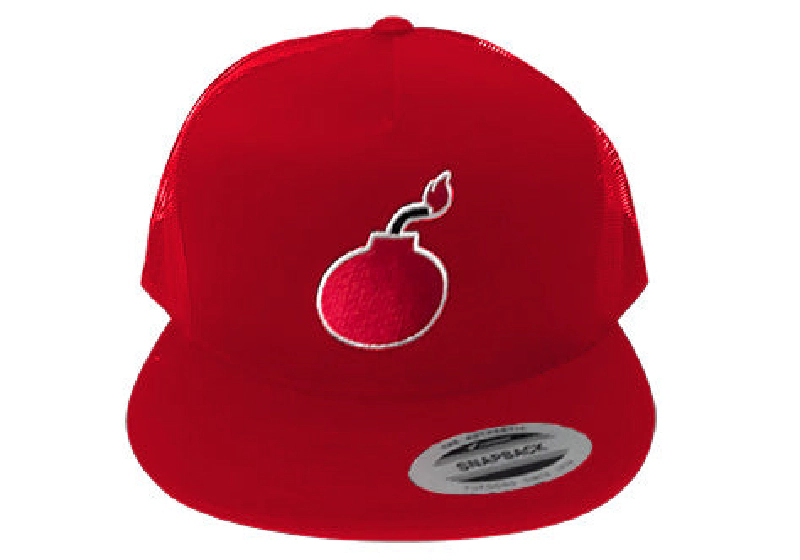 FLAT BILL RED SNAPBACK TRUCKER HAT WITH BOMB LOGO 2