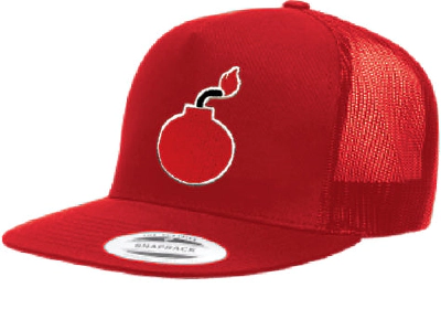 FLAT BILL RED SNAPBACK TRUCKER HAT WITH BOMB LOGO 1